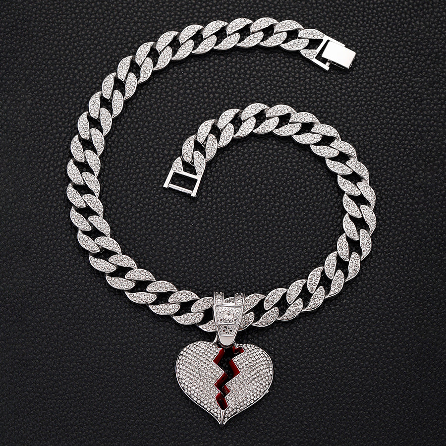Wholesale Full Diamond Broken Heart Pendant Hip Hop Alloy Necklace